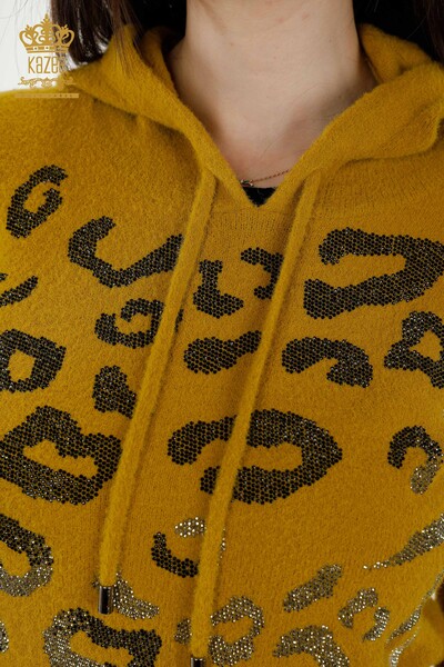 Großhandel Damen Strick pullover - Leopard Stein bestickt - Safran - 40004 | KAZEE - Thumbnail