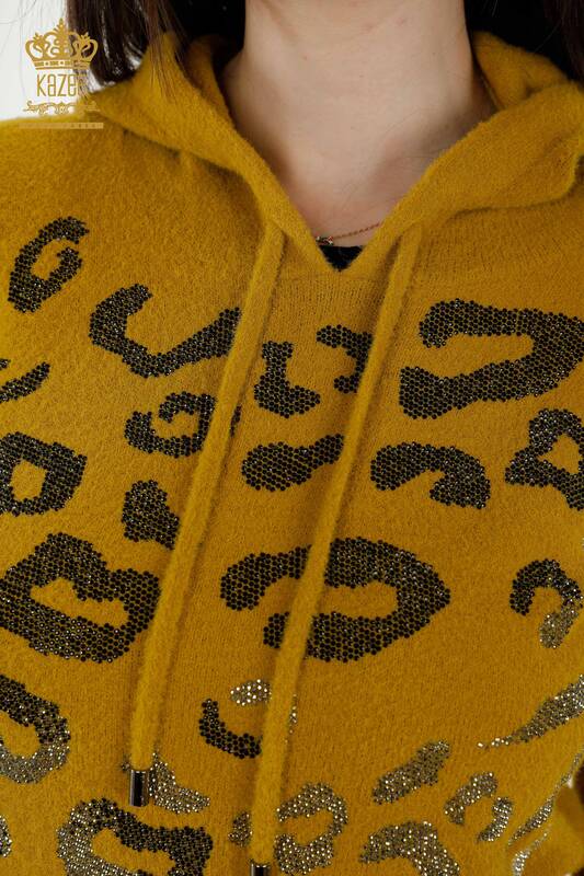 Großhandel Damen Strick pullover - Leopard Stein bestickt - Safran - 40004 | KAZEE
