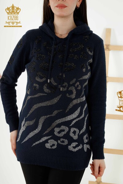Großhandel Damen Strick Pullover - Leopard Stein bestickt Marineblau - 40004 | KAZEE - Thumbnail