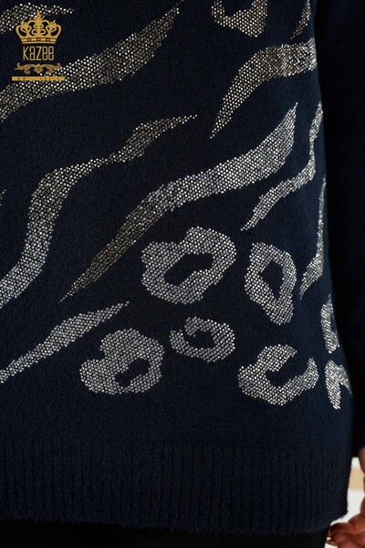 Großhandel Damen Strick Pullover - Leopard Stein bestickt Marineblau - 40004 | KAZEE - Thumbnail