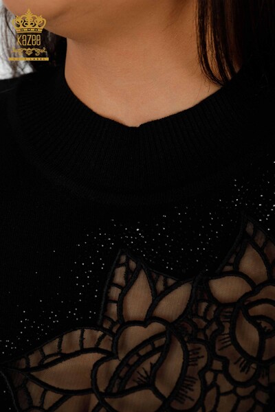 Großhandel Damen Strickpullover Rosenmuster Schwarz - 16832 | KAZEE - 4
