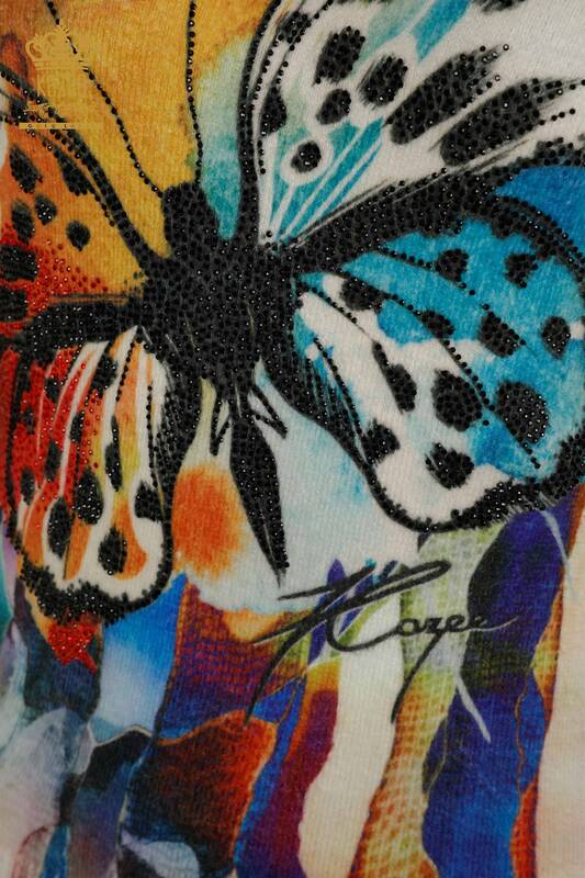 Großhandel Damen Strickwaren Pullover Schmetterlingsmuster Angora Stein bestickt - 18943 | KAZEE