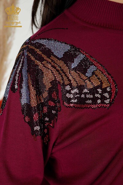 Großhandel Damen Strickpullover mit Schmetterling Muster Magenta-30004 / KAZEE - Thumbnail