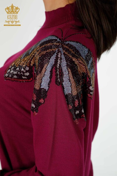 Großhandel Damen Strickpullover mit Schmetterling Muster Magenta-30004 / KAZEE - Thumbnail