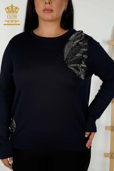 Großhandel Damen Pullover Dunkelblau mit Schmetterling Muster-16958 / KAZEE - Thumbnail