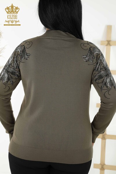 Großhandel Damen Pullover - Schulter Blumendetail - Khaki - 16597 | KAZEE - Thumbnail
