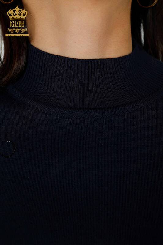 Großhandel Damen Strickwaren Pullover Schulter Floral Detaillierte Marineblau - 16597 | KAZEE