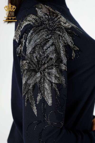 Großhandel Damen Strickwaren Pullover Schulter Floral Detaillierte Marineblau - 16597 | KAZEE - Thumbnail