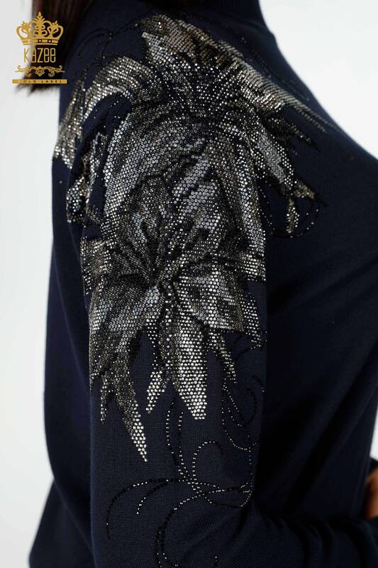 Großhandel Damen Strickwaren Pullover Schulter Floral Detaillierte Marineblau - 16597 | KAZEE