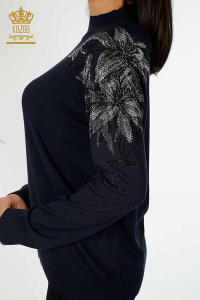 Großhandel Damen Strickwaren Pullover Schulter Floral Detaillierte Marineblau - 16597 | KAZEE - Thumbnail