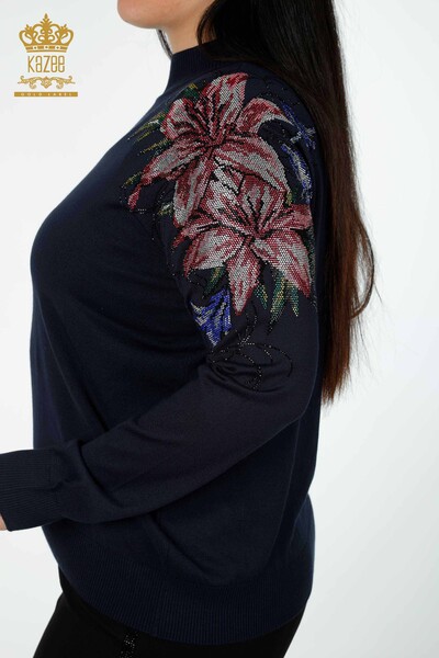 Großhandel Damen Strickwaren Pullover Schulter Floral Detailliert Navy - 30007 | KAZEE - Thumbnail