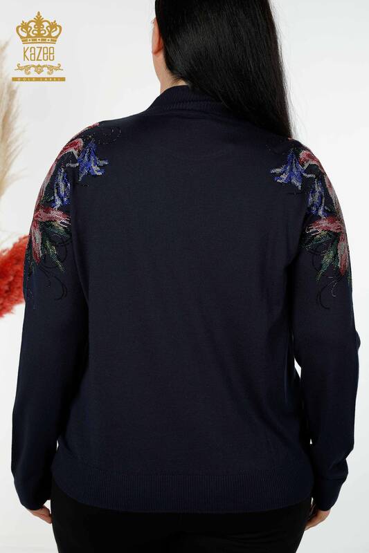 Großhandel Damen Strickwaren Pullover Schulter Floral Detailliert Navy - 30007 | KAZEE