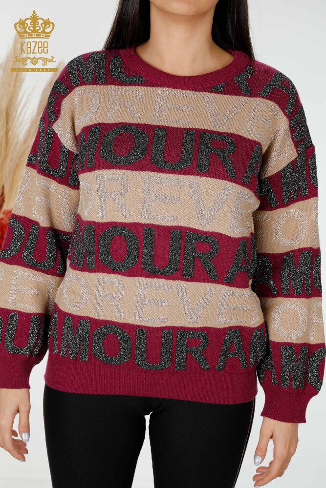 Großhandels-Strickwaren-Pullover-Buchstabe detailliert lila für Damen - 30022 | KAZEE - 2