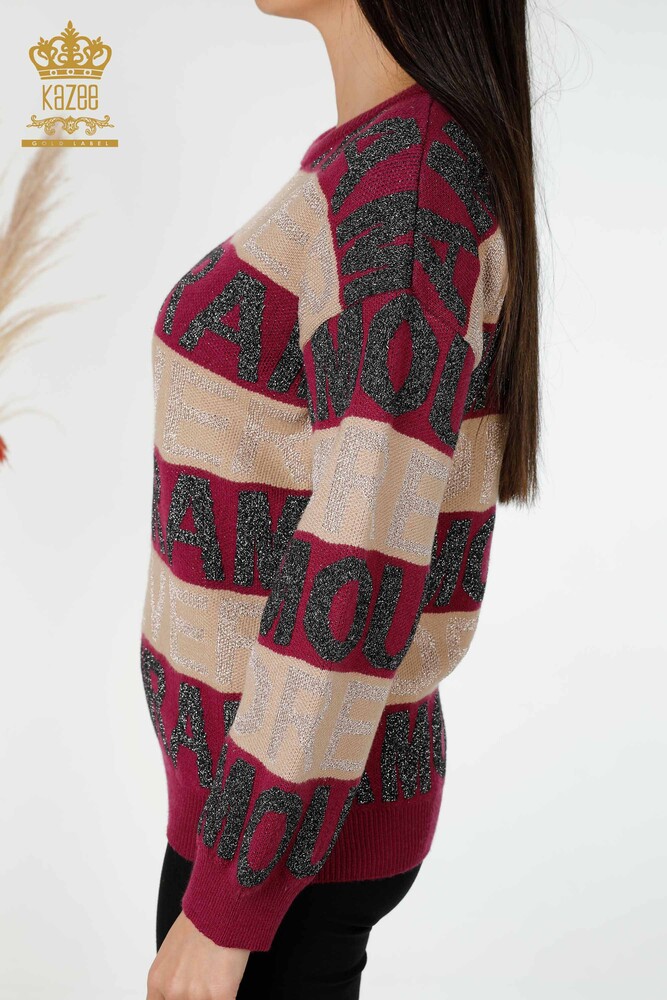 Großhandels-Strickwaren-Pullover-Buchstabe detailliert lila für Damen - 30022 | KAZEE - 6