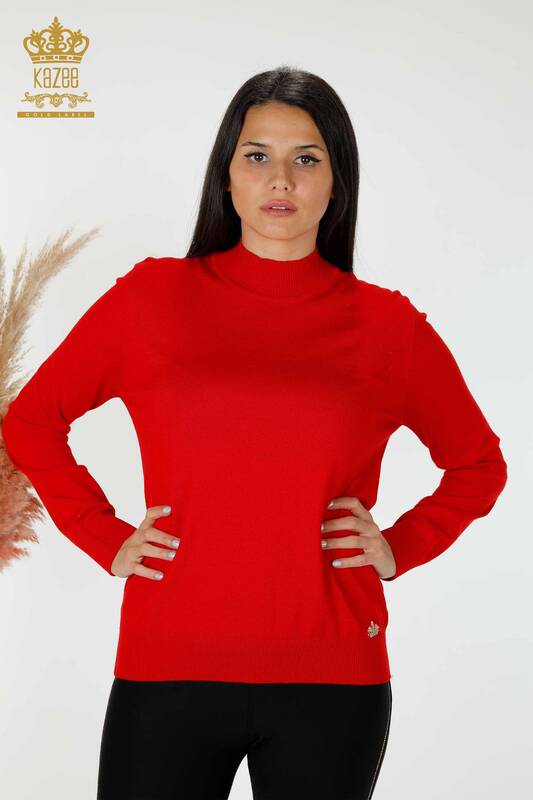 Großhandel Damen Strickwaren Pullover Hoher Kragen Basic Logo Rot - 16663 | KAZEE