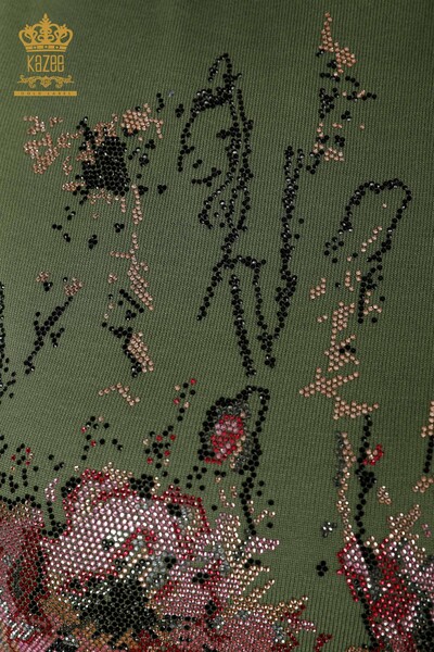 Großhandel Damen Strickpullover Stone Embroidered Khaki - 16476 | KAZEE - Thumbnail