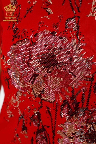 Großhandel Damen-Strickpullover Stone Embroidered Red - 16476 | KAZEE - Thumbnail