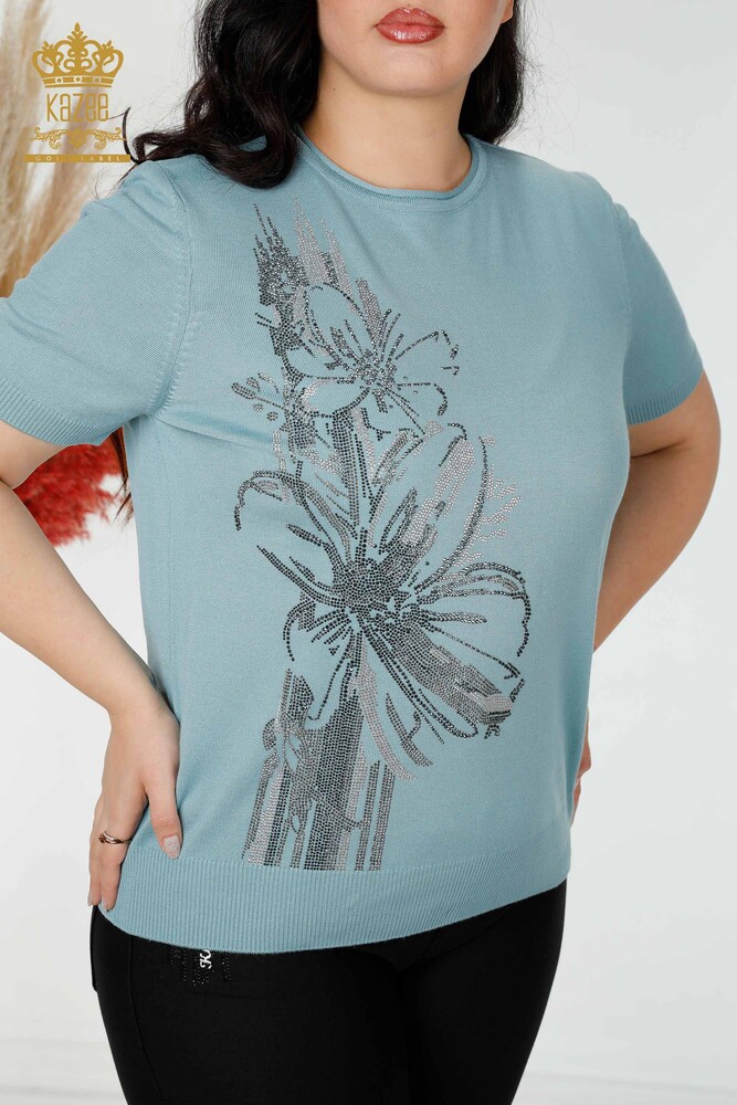 Großhandel Damen Strickwaren Pullover Stein Gesticktes Blumenmuster Blau - 16907 | KAZEE - 2