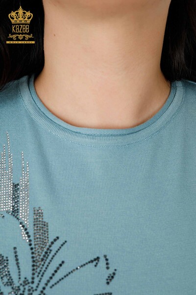 Großhandel Damen Strickwaren Pullover Stein Gesticktes Blumenmuster Blau - 16907 | KAZEE - 4