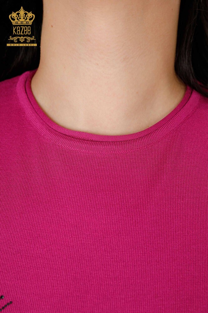 Großhandel Damen Strickwaren Pullover Stein Gesticktes Blumenmuster Fuchsia - 16907 | KAZEE - 4