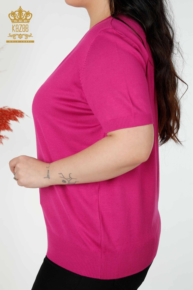 Großhandel Damen Strickwaren Pullover Stein Gesticktes Blumenmuster Fuchsia - 16907 | KAZEE - 5