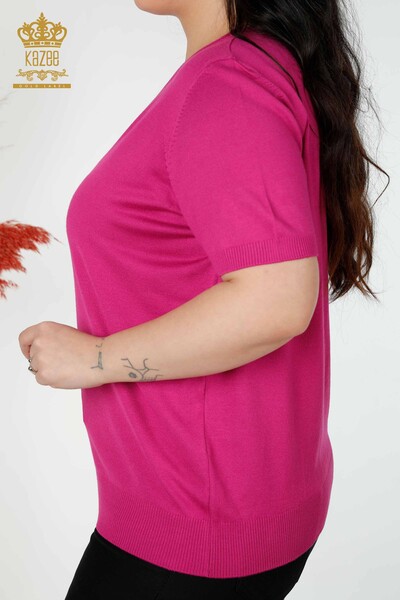 Großhandel Damen Strickwaren Pullover Stein Gesticktes Blumenmuster Fuchsia - 16907 | KAZEE - 5
