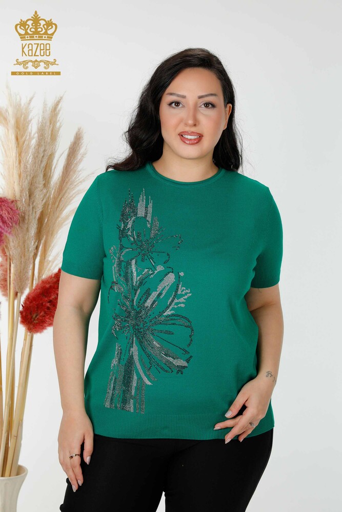 Großhandel Damen Strickwaren Pullover Stein Gesticktes Blumenmuster Grün - 16907 | KAZEE - 1