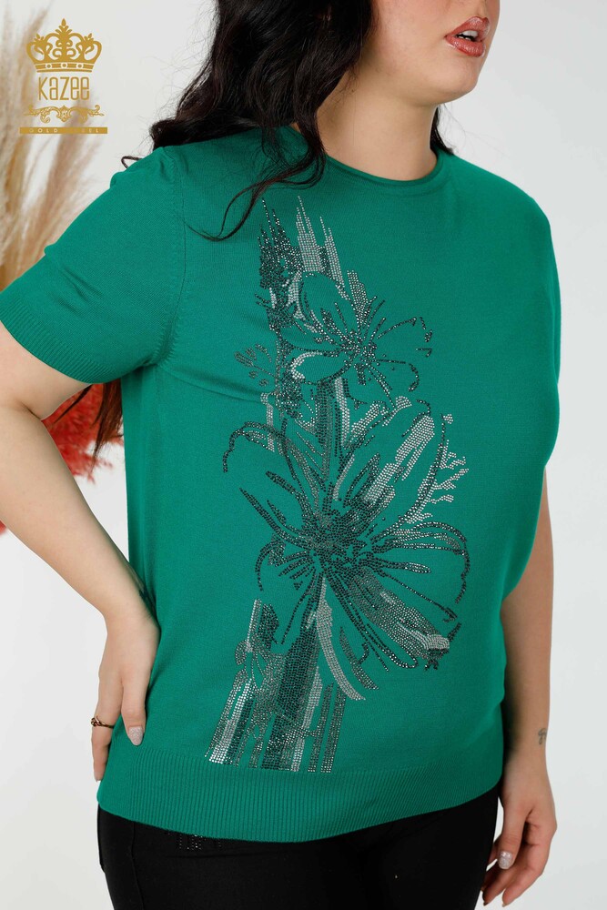 Großhandel Damen Strickwaren Pullover Stein Gesticktes Blumenmuster Grün - 16907 | KAZEE - 2