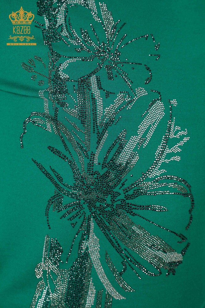Großhandel Damen Strickwaren Pullover Stein Gesticktes Blumenmuster Grün - 16907 | KAZEE - 3