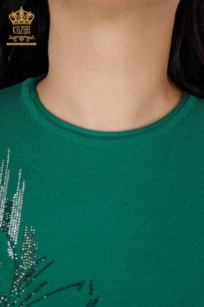 Großhandel Damen Strickwaren Pullover Stein Gesticktes Blumenmuster Grün - 16907 | KAZEE - 4