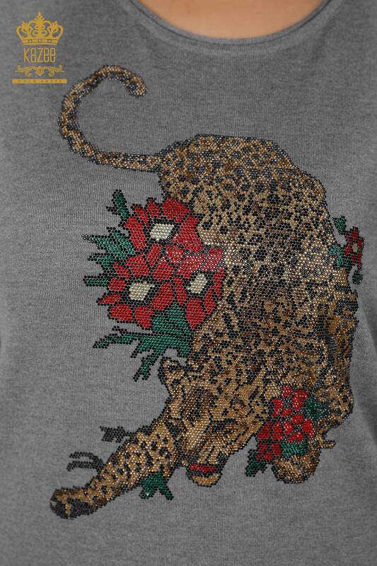 Großhandel Damen Strickpullover Tiger Rose Muster Grau - 16128 | KAZEE