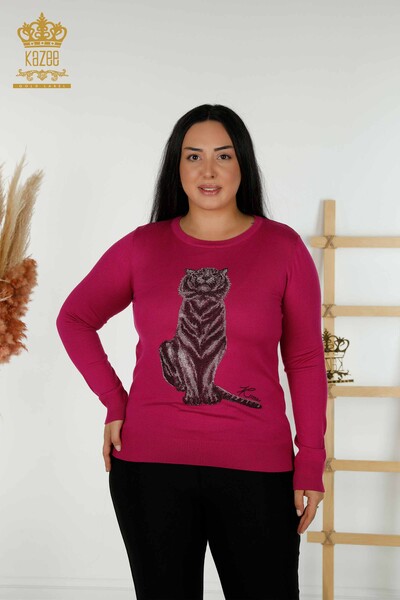 Großhandel Damen Strickpullover Tigermuster Fuchsia - 30127 | KAZEE 