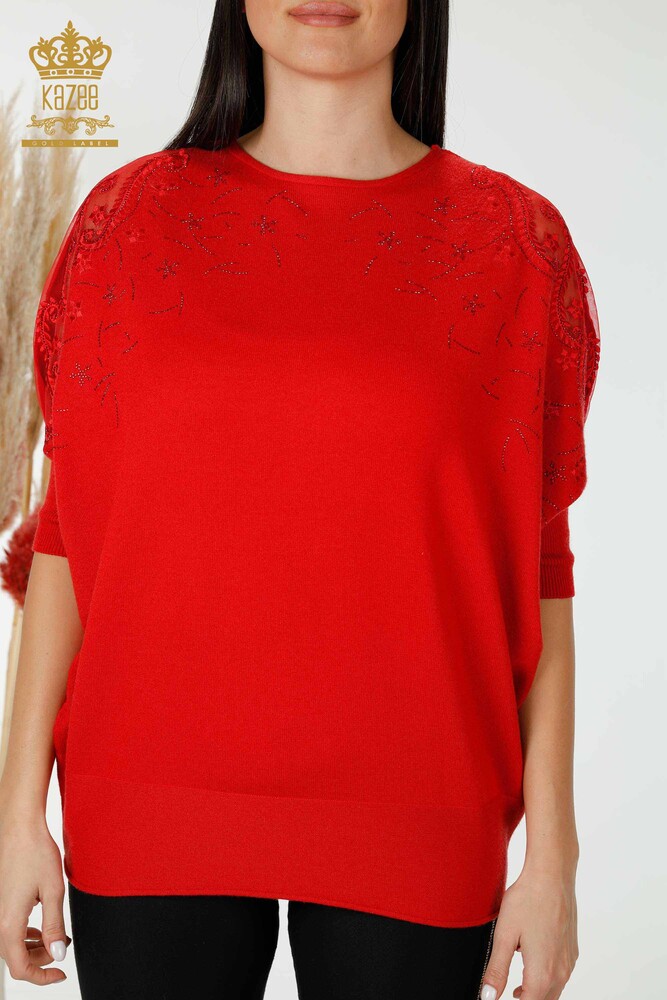 Großhandel Damen Pullover Tüll Detail rot-16826 | KAZEE - 2