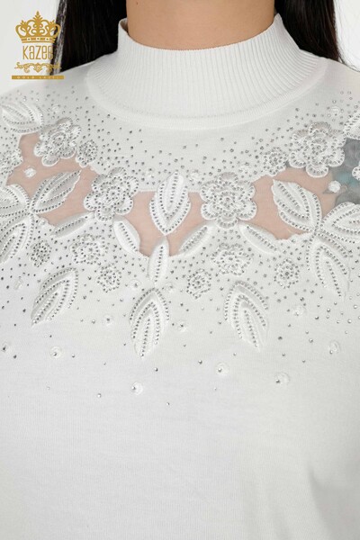Großhandel Damen Strick Pullover Tüll Detaillierte Ecru - 30123 | KAZEE - 3