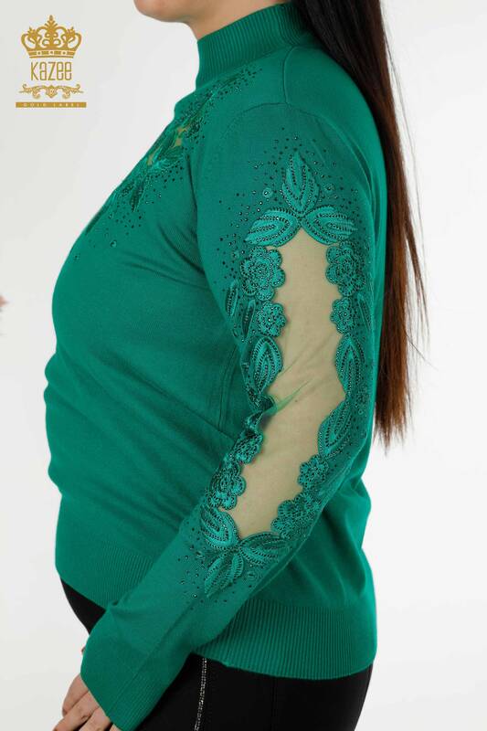Großhandels-Strickwaren-Pullover für Damen Detaillierter Tüll Grün - 30123 | KAZEE