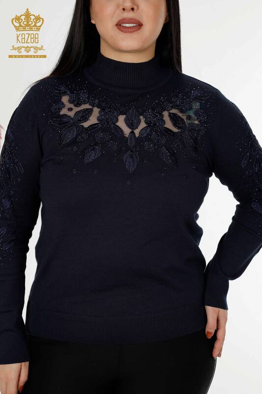 Großhandels-Strickwaren Pullover für Damen Detaillierter Tüll Marineblau - 30123 | KAZEE