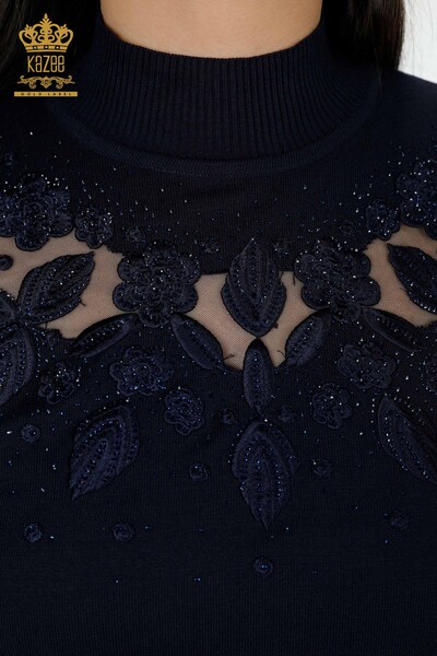 Großhandels-Strickwaren Pullover für Damen Detaillierter Tüll Marineblau - 30123 | KAZEE - Thumbnail