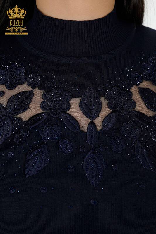 Großhandels-Strickwaren Pullover für Damen Detaillierter Tüll Marineblau - 30123 | KAZEE