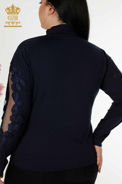 Großhandels-Strickwaren Pullover für Damen Detaillierter Tüll Marineblau - 30123 | KAZEE - Thumbnail