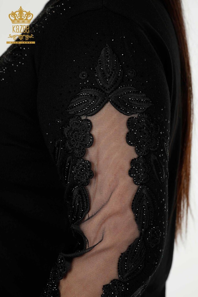 Großhandel Damen Strick Pullover Tüll Detailliert Schwarz - 30123 | KAZEE - 5
