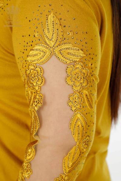 Großhandel Damen Strickwaren Pullover Tüll Detaillierte Safran - 30123 | KAZEE - Thumbnail