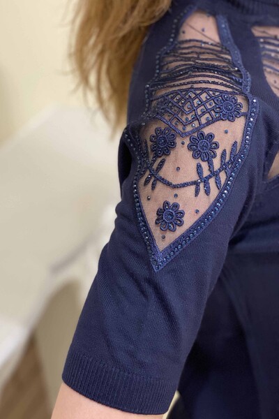 Rollkragenpullover aus Strickwaren für Damen mit transparenten Details im Großhandel - 15263 | Kazee - Thumbnail