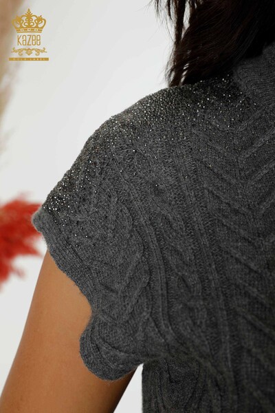 Großhandel Frauen Pullover Schulter Kristall Stein bestickt Grau-30097 / KAZEE - Thumbnail