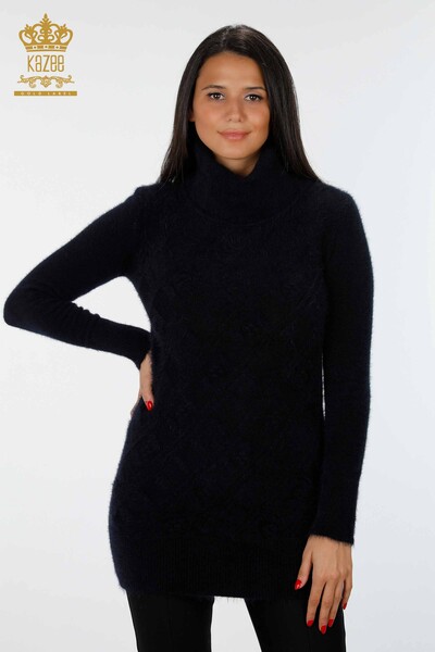 Großhandel Damen-Stricktunika - Gestreift - Stein bestickt - Rollkragen - 18591 | KAZEE - Kazee