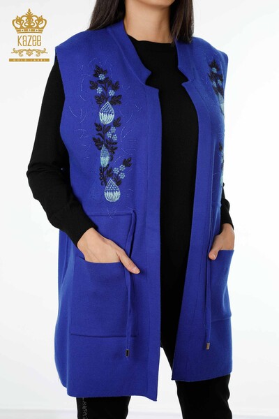 Großhandel Damen-Strickweste mit Blumen muster - lang - Stein bestickt - 16809 | KAZEE - 2