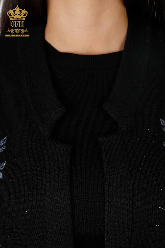 Großhandel Damen-Strickweste mit Blumen muster - lang - Stein bestickt - 16809 | KAZEE - 11