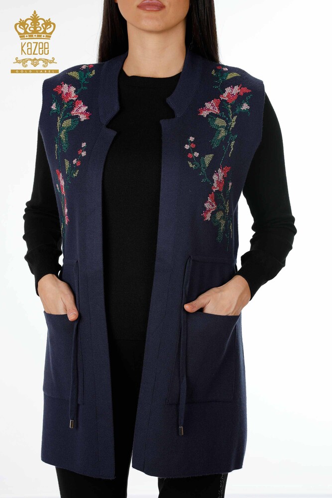 Großhandel Damen Strickweste - Bunte Blume bestickt Tasche - Lang - 16844 | KAZEE - 10