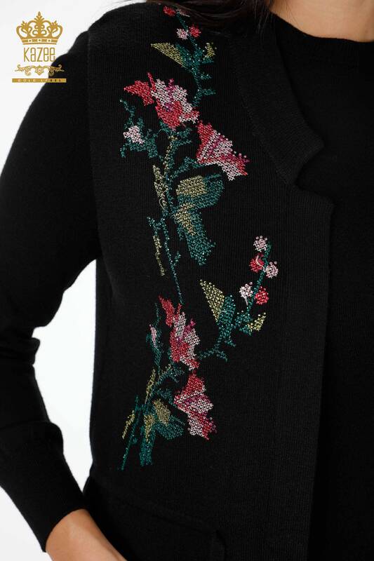 Großhandel Damen Strickweste - Bunte Blume bestickt Tasche - Lang - 16844 | KAZEE