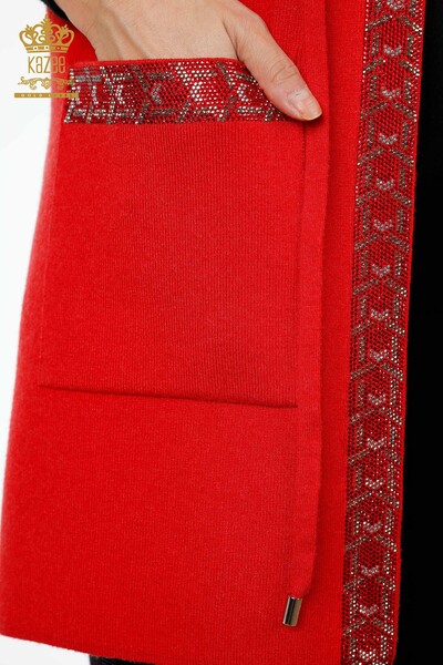 Großhandel Damen-Strickweste - Lang - Detaillierte Tasche - Stein bestickt - 16805 | KAZEE - Thumbnail