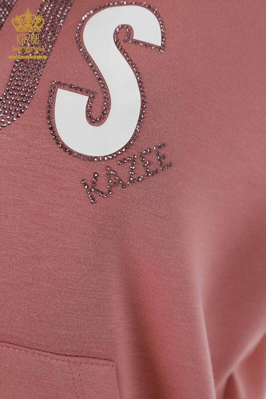Großhandel Damen-Trainingsanzug-Set im – Kapuze – Text detailliert – Taschen – Stein bestickt – 17425 | KAZEE